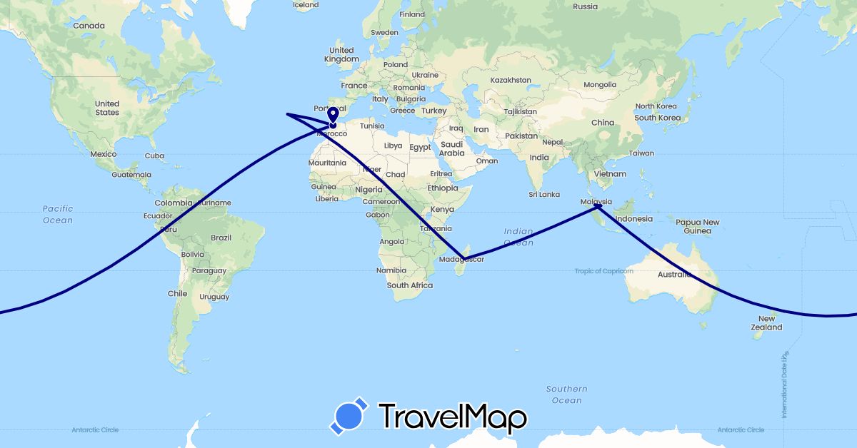 TravelMap itinerary: driving in Chile, Morocco, Madagascar, Malaysia, New Zealand, Portugal (Africa, Asia, Europe, Oceania, South America)